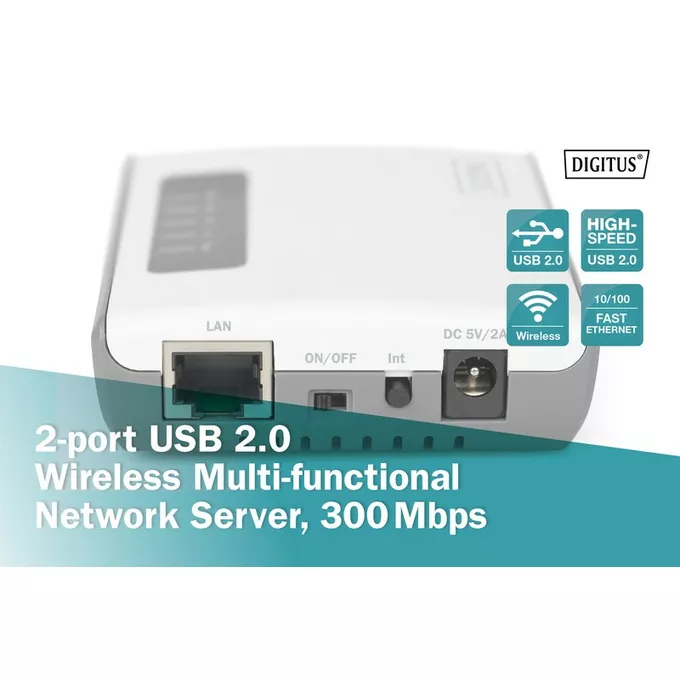 Serwer sieciowy wielofunkcyjny, bezprzewodowy 2-portowy, USB 2.0, 300Mbps