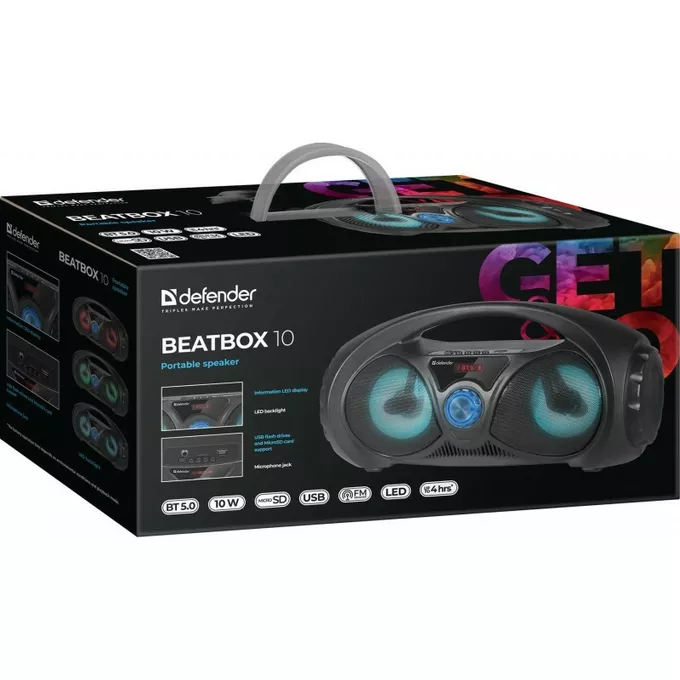 Defender Głośnik Bluetooth Beatbox 10W BT/FM/USB/TF/AUX Kolorowe podświetlenie