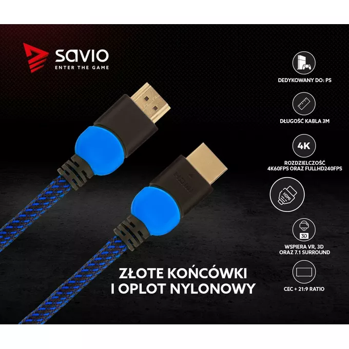 Savio Kabel HDMI 2.0 dedykowany do Playstation niebiesko-czarny 3m, GCL-05