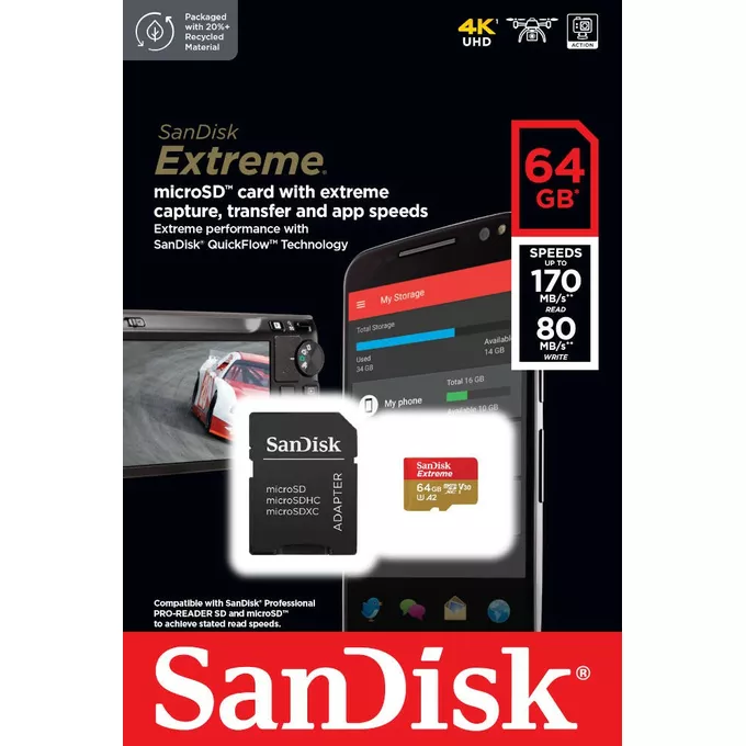 SanDisk Karta pamięci Extreme microSDXC 64GB 170/80 MB/s A2 V30 U3