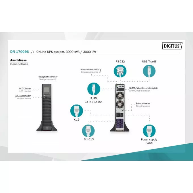 Digitus Zasilacz awaryjny UPS Online Rack 19&quot; LCD, 3000VA/3000W, 6x12V/9Ah, 8xC13, 1xC19, USB, RS232, RJ45