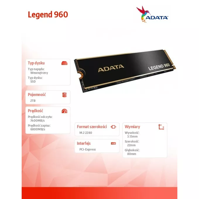 Adata Dysk SSD Legend 960 2TB PCIe 4x4 7.4/6.8 GB/s M2