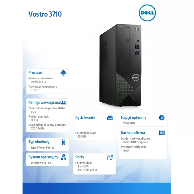 Dell Komputer Vostro 3710 SFF Win11Pro i3-12100/8GB/256GB SSD/Intel UHD 730/DVD RW/WLAN + BT/Kb/Mouse/3Y ProSpt