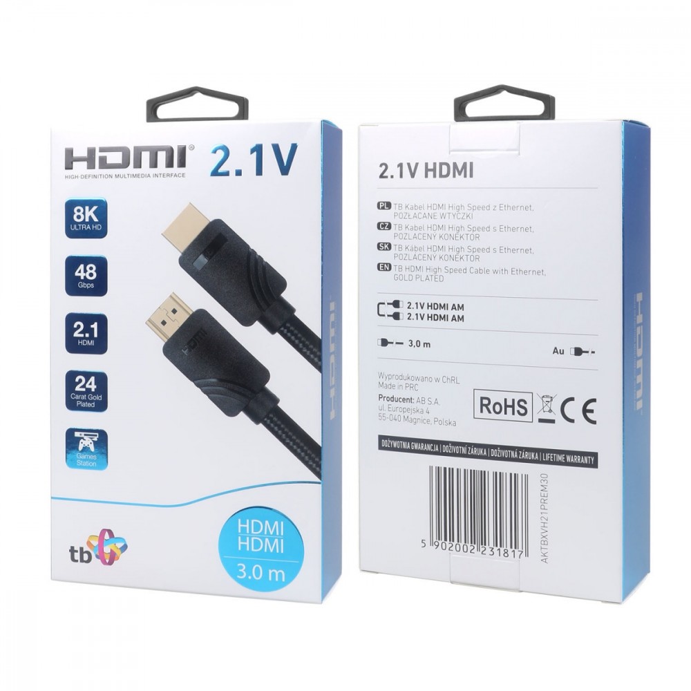Фото - Кабель TB Kabel HDMI v 2.1 premium 3 m 8K Czarny Stworzony dla graczy 126257